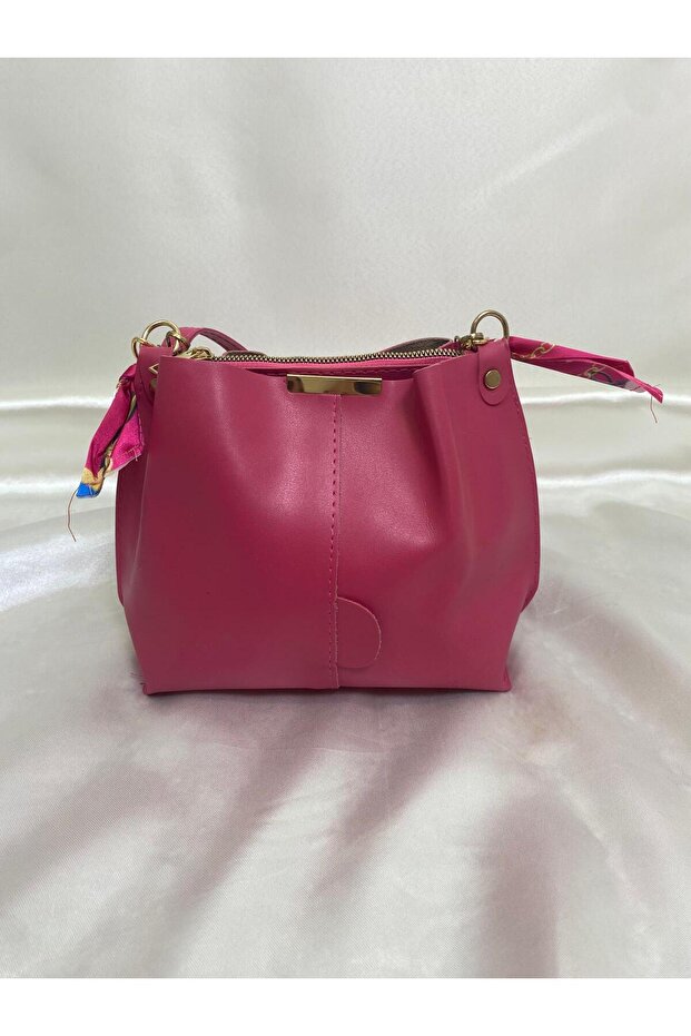 Women's Soft Leather 3-Compartment Hand, Arm, and Shoulder Bag with Scarf and Chain Accents and Gold Details