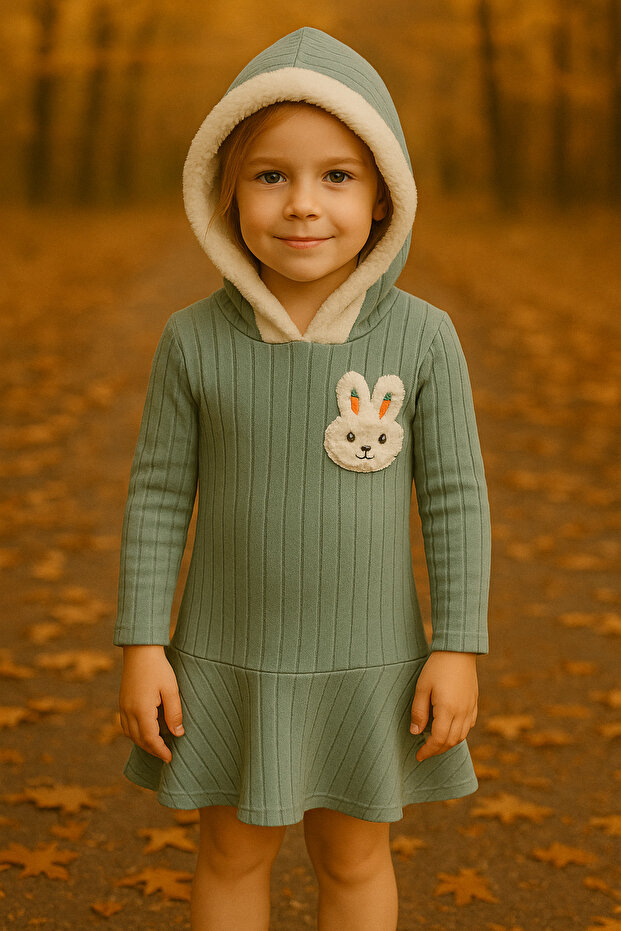 Rabbit Pattern Hooded Girl's Dress – Cotton Notebook Casual Mini Model