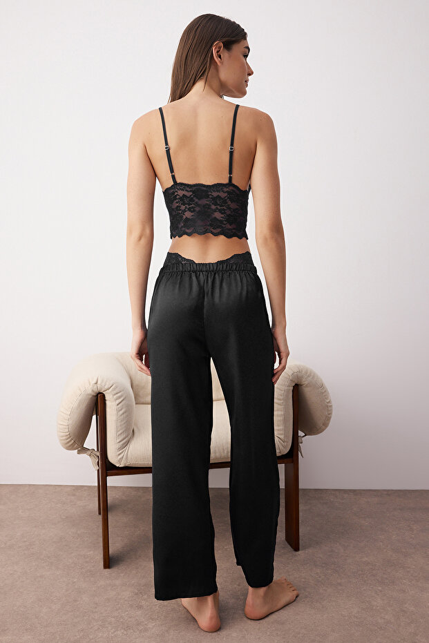 Siyah 3'lü Çeyiz Set Üst Dantel, Alt Saten Askılı Külotlu Dokuma Pijama Takımı THMAW26PT00077 - 5