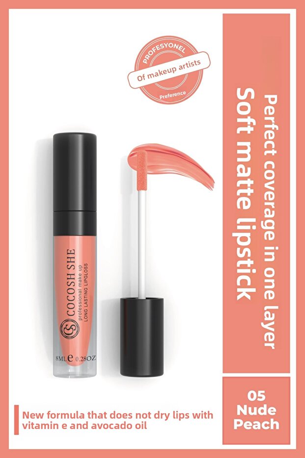 Soft Matte Liquid Matte Lipstick 05 Nude Peach, Vitamin E, Avocado Oil, Creamy Texture, Matte Finish, Non-Smudging