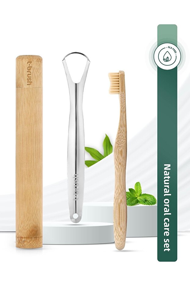Cream White Bamboo Toothbrush - Medium Stainless Steel Tongue Cleaner Toothbrush Container