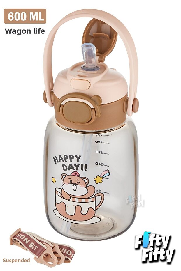600 ML Single Lid Water Bottle with Strap and Carrying Handle - with/without Straw FFVGN2028 - 2