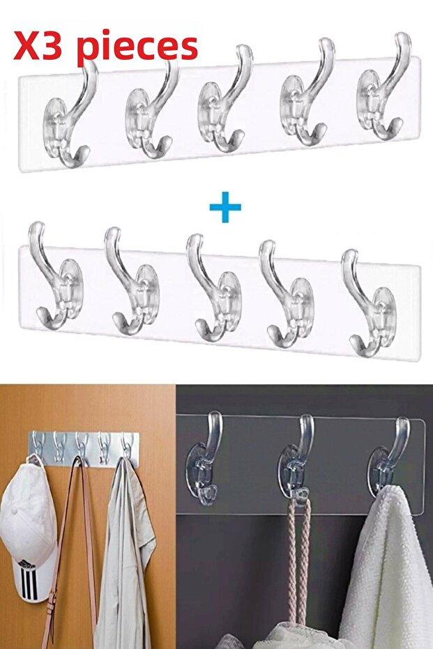 3 Self-Adhesive Strong Transparent 5-Piece Hanger Rack - Behind Door Kitchen Wall Bathroom
