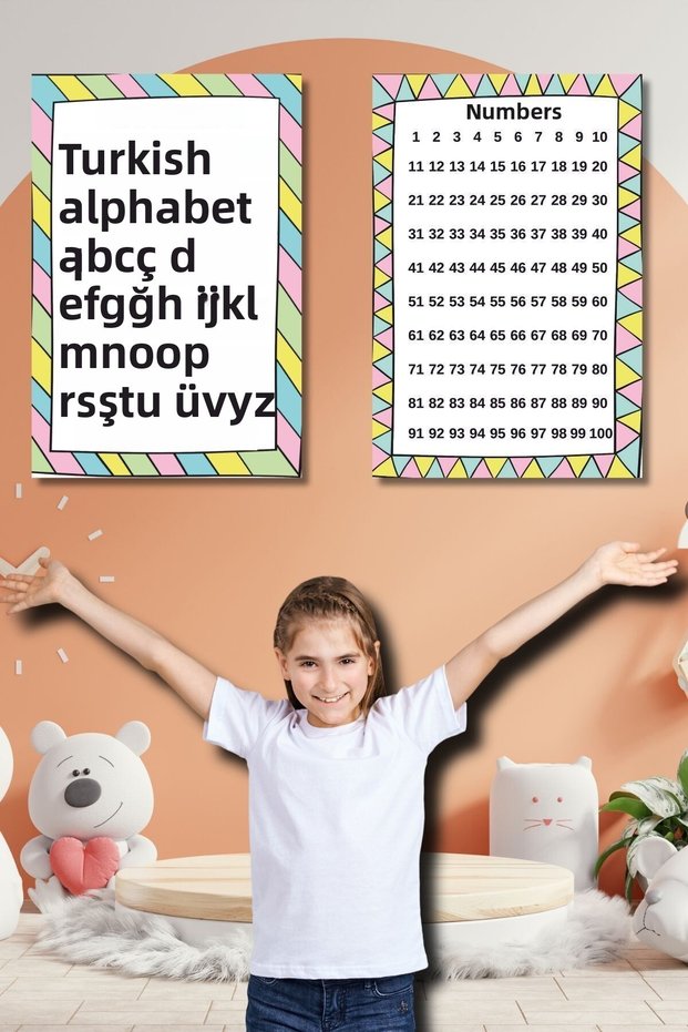 Turkish Alphabet and Numbers Educational Tutorial Preschool Activity Kids Board, Nursery Wall Decor