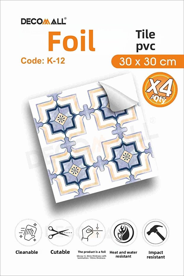 CodeK-12 بلاط فول مقاوم للماء لأرضية المطبخ والحمام - 30 × 30 سم (4 قطع)