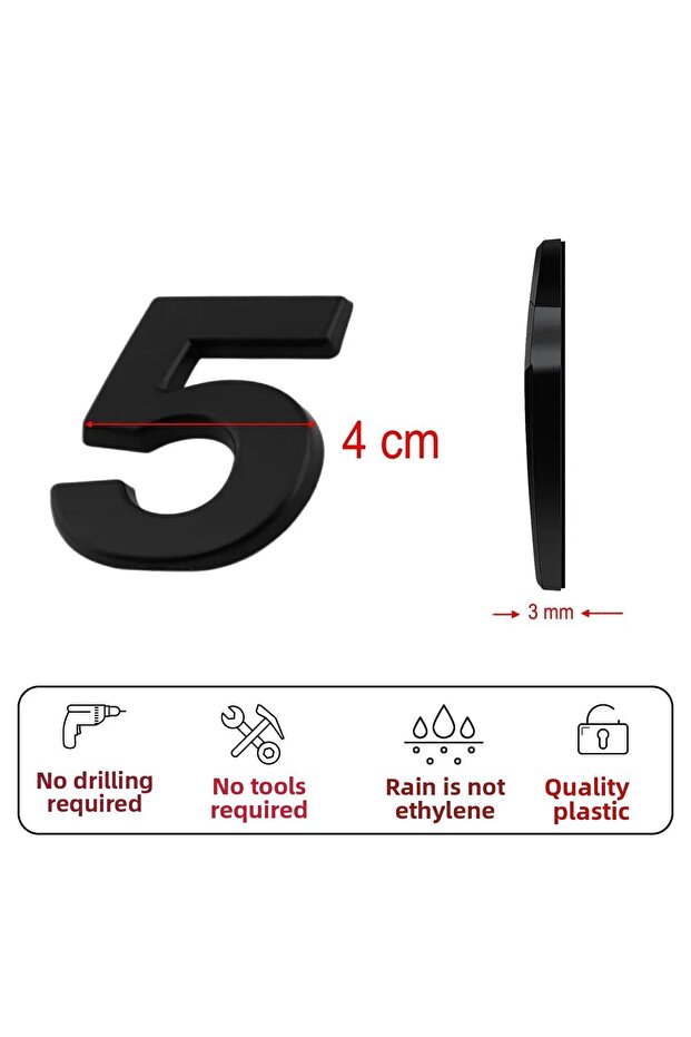 Door Number Adhesive Small Size 50 mm 5 cm Number 5 Number Five Number Black Color Numbers 1 Piece. - 2