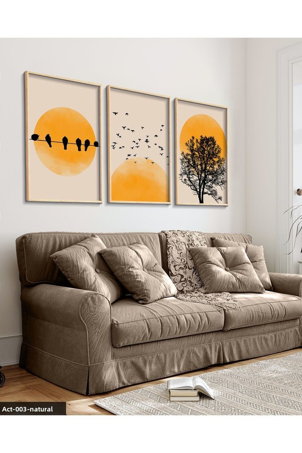 Abstract Nature Tree Birds Sun 3 Piece Wooden Framed Painting Act
