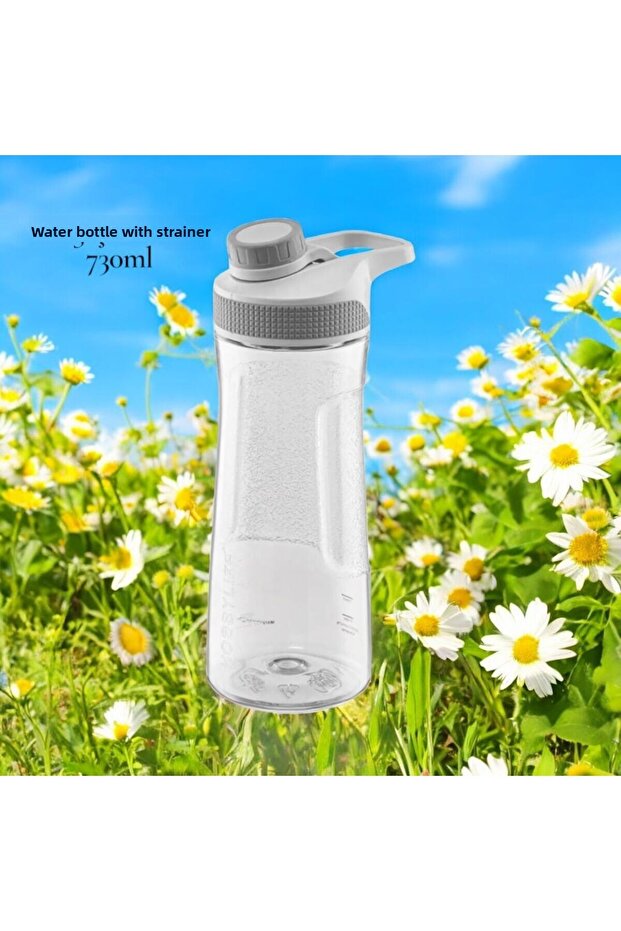 Water Bottle, Water Container with Strainer, Plastic Water Bottle, Water Bottle, 730 ml Transparent/Gray