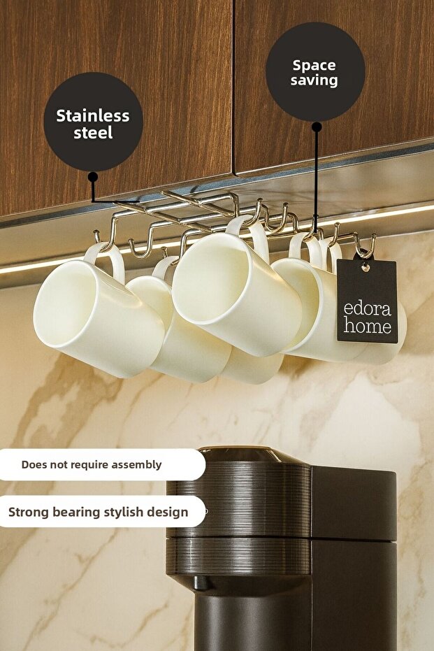 Shiny Silver 10-Hook Cup Hanger under Shelf Mug Cup Organizer Stainless Metal