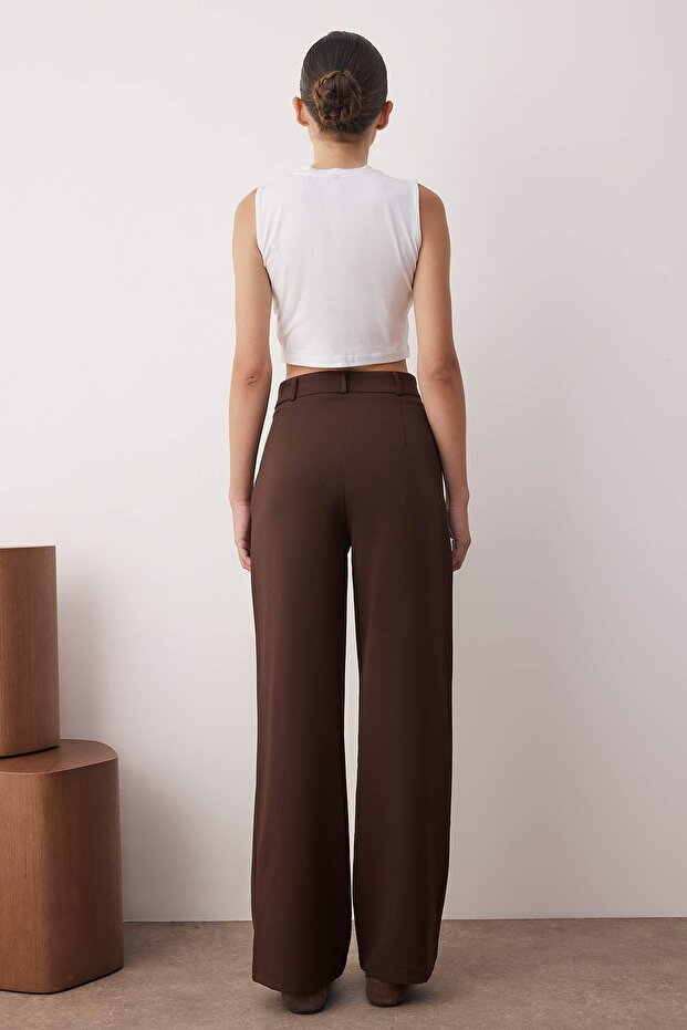 Koyu Kahverengi Geniş Paça Wide Leg Bootcut Dokuma Kumaş Pantolon TWOAW21PL0332 - 10