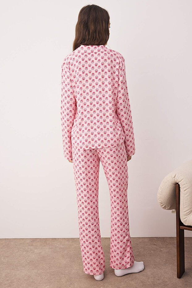 Pembe Çiçekli Viskon Dokuma Pijama Takımı THMAW26PT00028 - 4