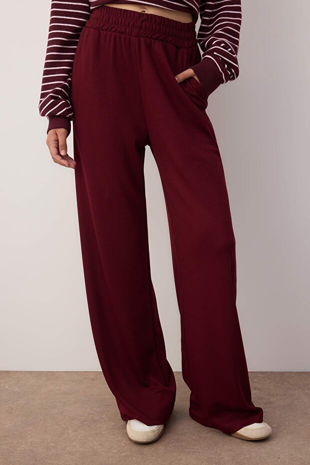 Bordo miękka tkanina z kieszeniami Wideleg/wygodny krój dzianinowe spodnie dresowe TWOAW24EA00012 - 3