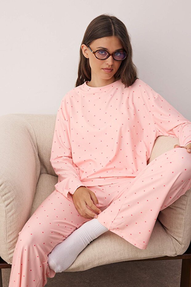 Somon Puantiyeli Yumuşak Tuşe Örme Pijama Takımı THMAW26PT00045 - 1