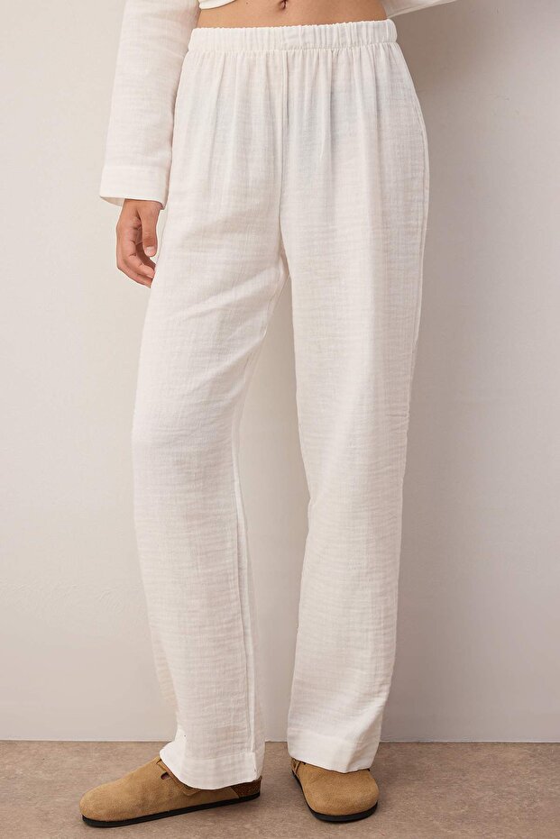Ekru %100 Pamuklu Cepli Müslin Kumaş Dokuma Pijama Takımı THMAW26PT00023 - 3