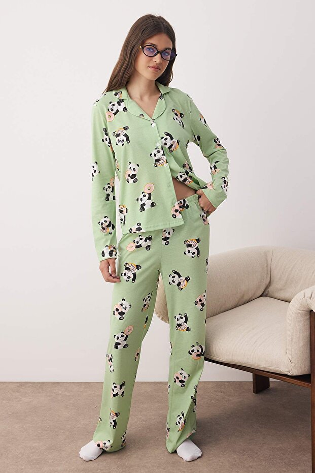Yeşil-Çok Renkli Panda Desenli Örme Pijama Takımı THMAW26PT00049 - 2