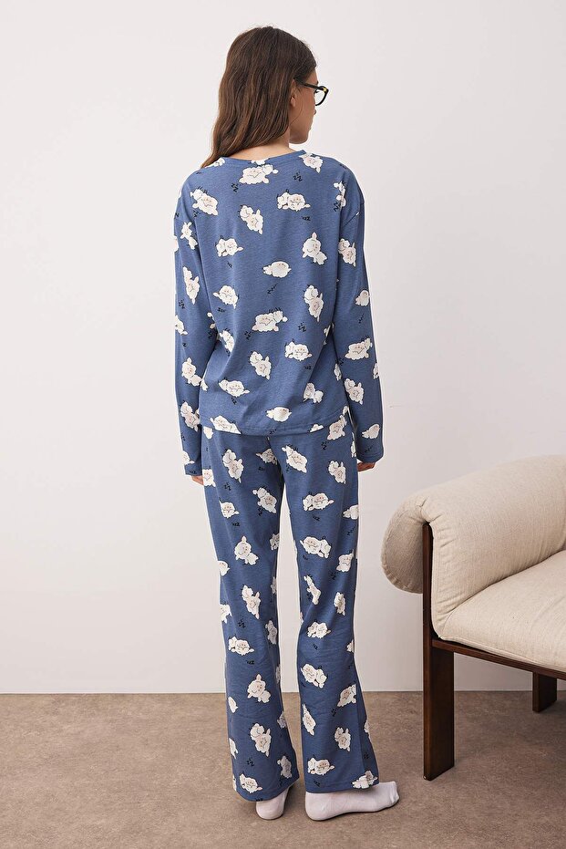 Lacivert %100 Pamuklu Uyku Temalı Kuzu Desenli Örme Pijama Takımı THMAW26PT00046 - 4
