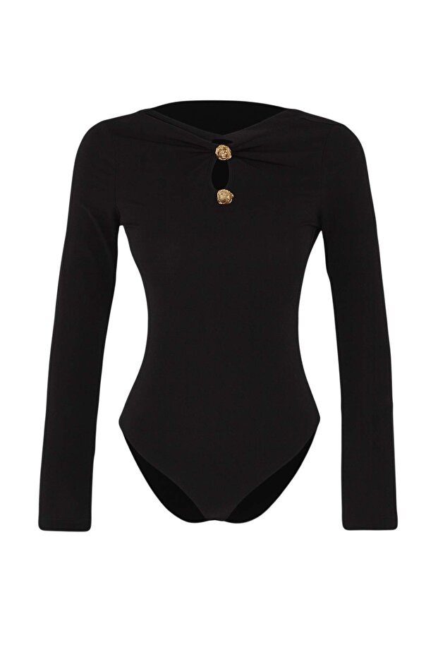 Siyah Gold Aksesuar Detaylı Kayık Yaka Örme Body TPRAW26BD00014 - 6