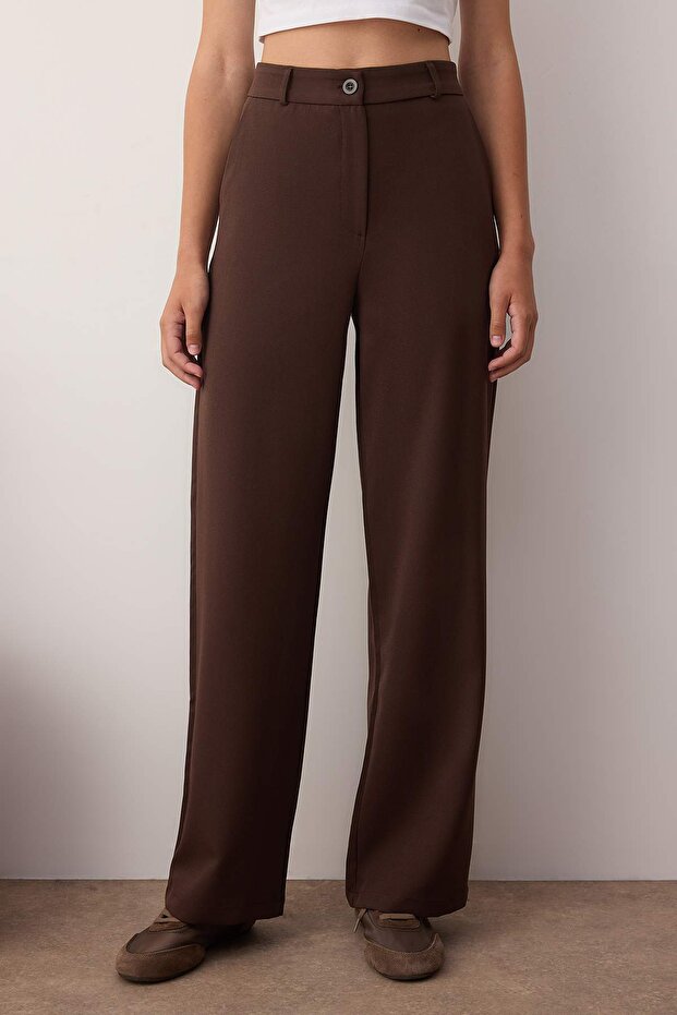 Koyu Kahverengi Geniş Paça Wide Leg Bootcut Dokuma Kumaş Pantolon TWOAW21PL0332 - 9