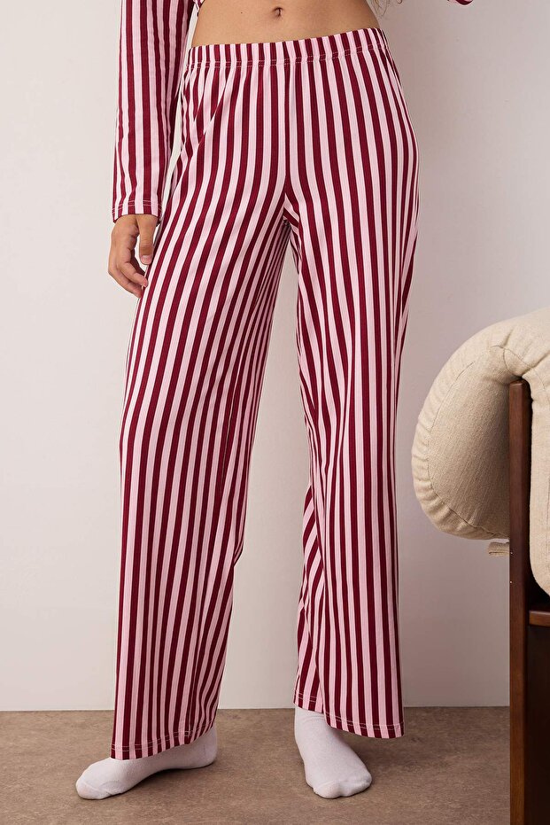 Mürdüm-Pembe Yumuşak Tuşe Pamuklu Çizgili Bağlamalı Örme Pijama Takımı THMAW26PT00072 - 3