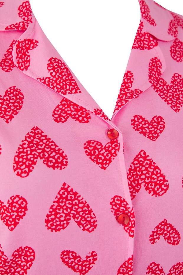 Pembe %100 Pamuklu Kalp & Leopar Desenli Gömlek-Pantolon Örme Pijama Takımı TBBAW26AI00017 - 7