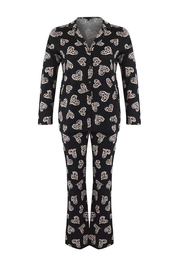 Siyah %100 Pamuklu Kalp & Leopar Desenli Gömlek-Pantolon Örme Pijama Takımı TBBAW26AI00017 - 5