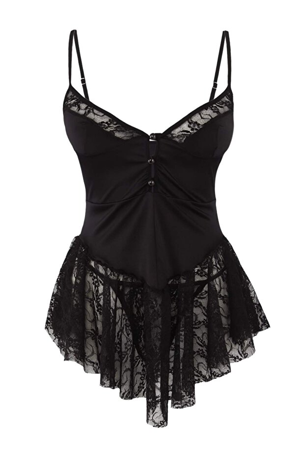 Siyah Dantelli Düğmeli Askılı Kapsız Külotlu Babydoll/Fantezi Gecelik THMAW26LL00003 - 5