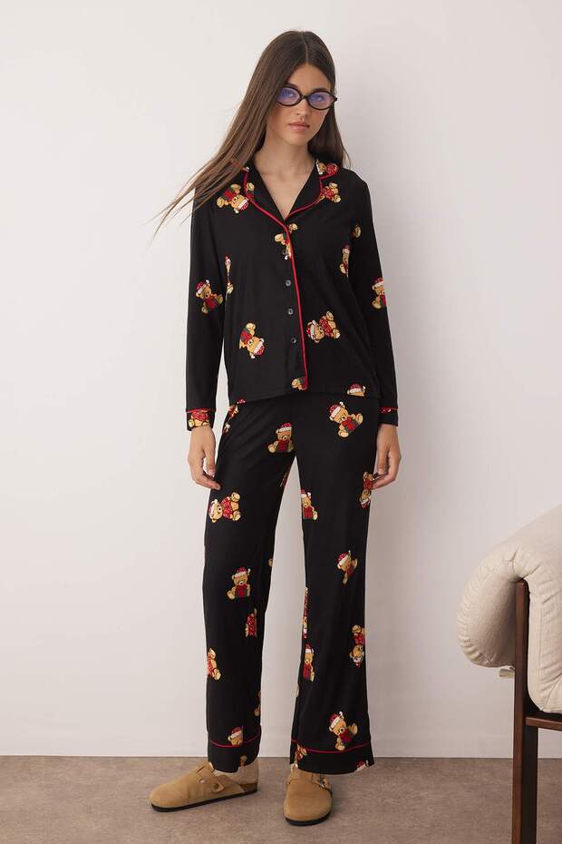Siyah %100 Pamuklu Ayıcıklı Yılbaşı Temalı Biyeli Örme Pijama Takımı THMAW26PT00043 - 2