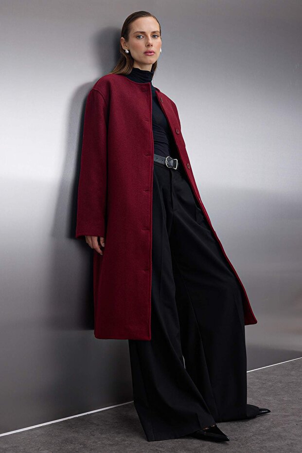 Bordo Şal Detaylı Mono Kapama Oversize Uzun Kaşe Kaban TWOAW26KB00041 - 3