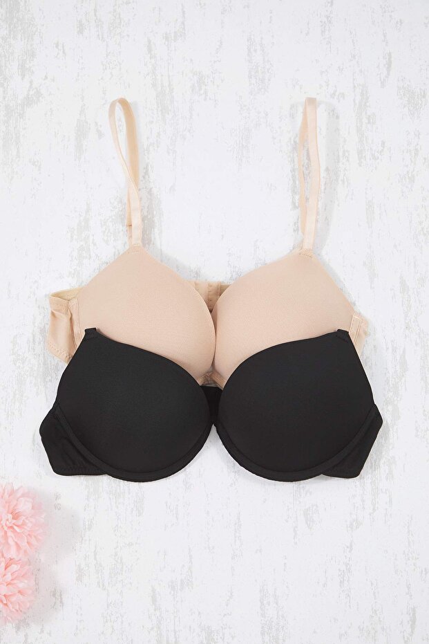 Siyah-Ten 2'li Paket Micro Push Up T-Shirt Bra Örme Sütyen THMAW26SU00008 - 4