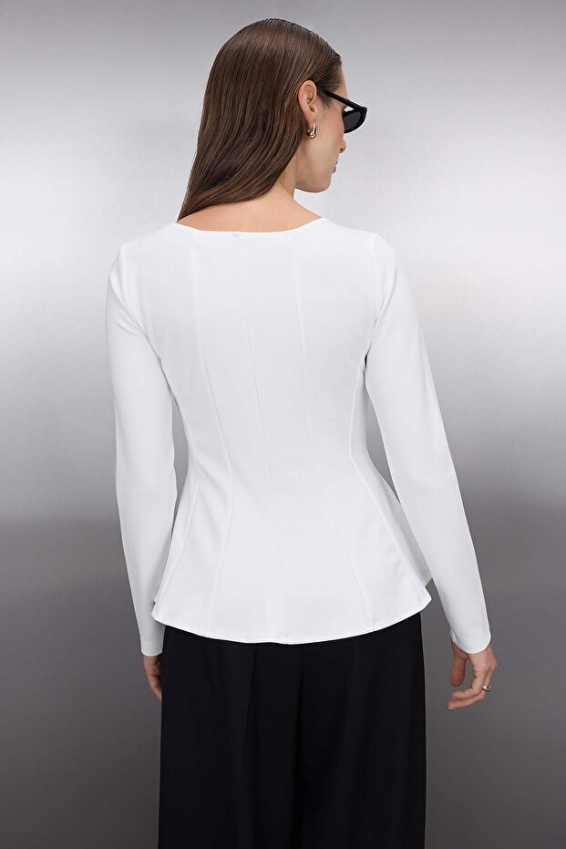 Ekru Kayık Yaka Peplum/Belden Oturmalı Regular Boy Örme Bluz TWOAW26BZ00166 - 4
