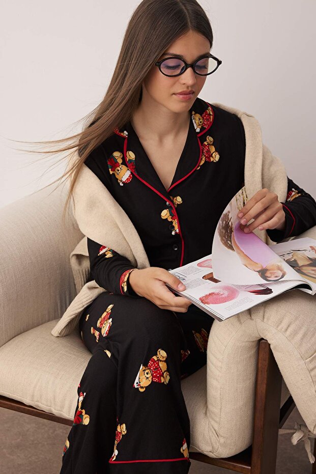 Siyah %100 Pamuklu Ayıcıklı Yılbaşı Temalı Biyeli Örme Pijama Takımı THMAW26PT00043 - 1