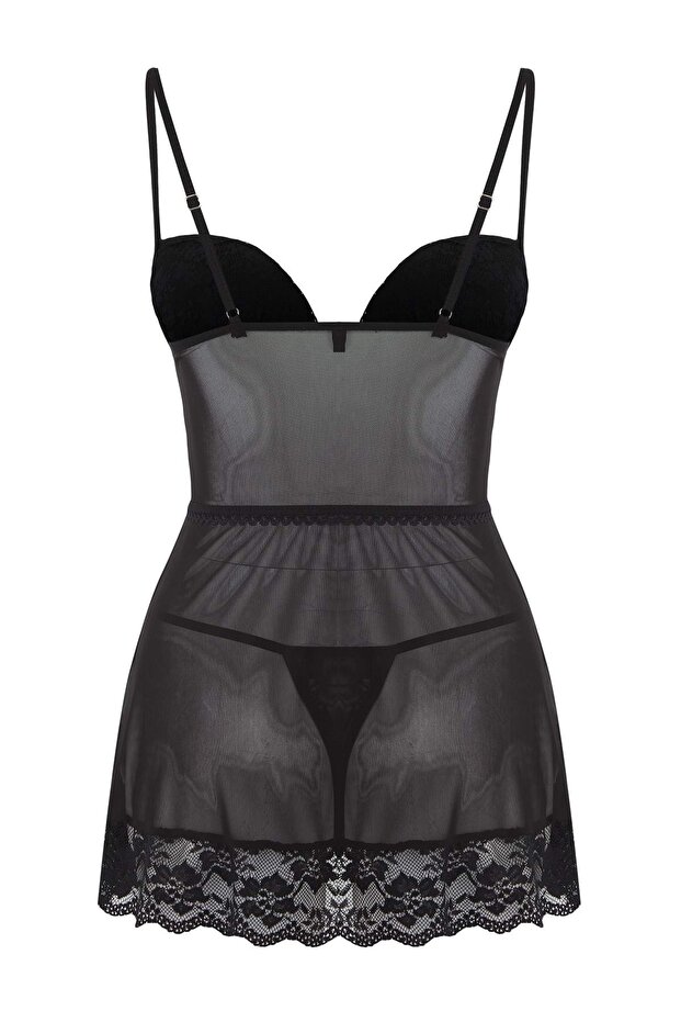 Siyah Dantel ve Şerit Detaylı Tül Kaplı Külotlu Babydoll/Fantezi Gecelik THMAW26CY00002 - 6