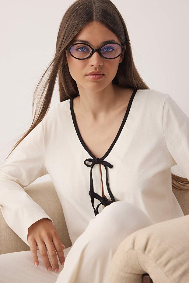 Ekru %100 Pamuklu Fiyonklu/Bağlamalı Örme Pijama Takımı THMAW26PT00009 - 2