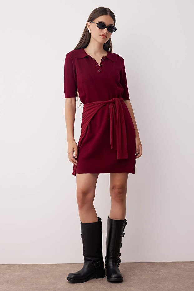 Bordo Renk Bloklu Kısa / Mini Polo Yaka Triko Elbise TWOAW26EL00105 - 2
