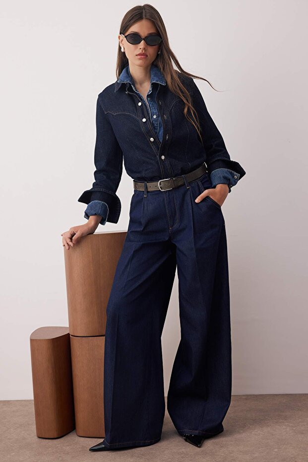 Koyu Mavi Pileli Yüksek Bel Wide Leg Jeans TWOAW26JE00008 - 2