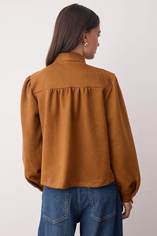 Camel Düğme Detaylı Süet İnce Gömlek Ceket TWOAW26CE00030 - 5