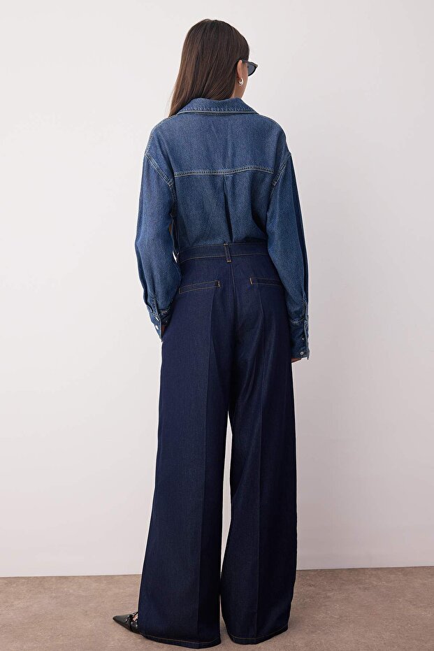Koyu Mavi Pileli Yüksek Bel Wide Leg Jeans TWOAW26JE00008 - 4
