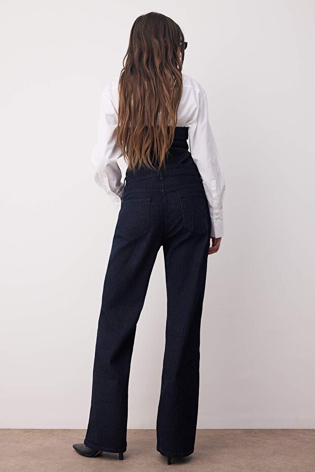 Koyu Mavi Jakar Çizgi Desenli Yüksek Bel Comfort/Esnek Wide Leg Jeans TWOAW26JE00101 - 4