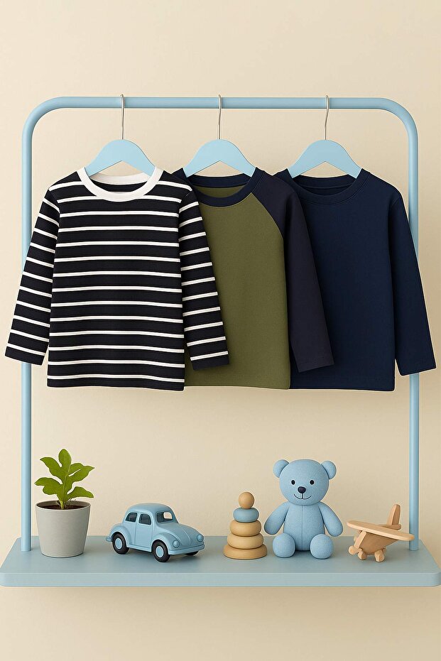 Lacivert-Yeşil-Ekru 100% Pamuk 3'lü Düz/Basic Regular Örme Erkek Çocuk T-Shirt TKDAW26TS00002 - 2