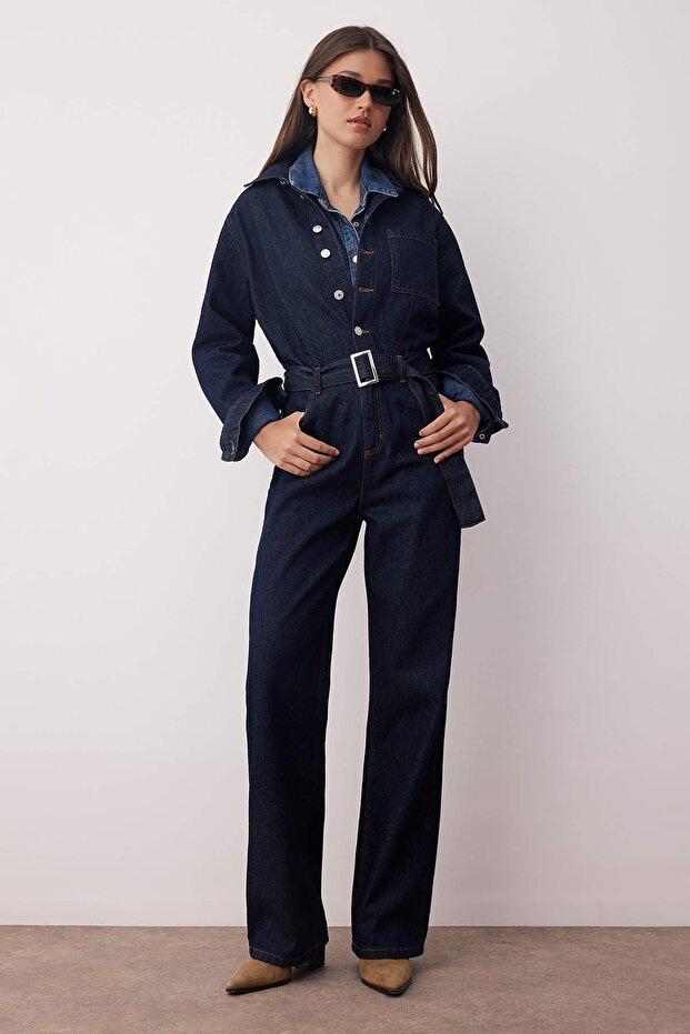 Koyu Mavi Kemerli Geniş Paça Denim Tulum TWOAW26TU00003 - 1