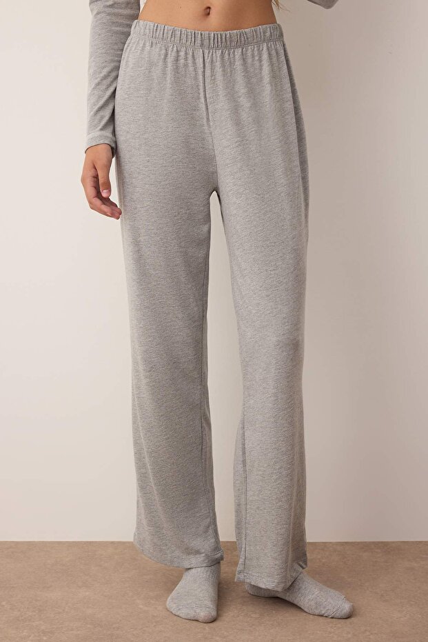 Gri Melanj Pamuklu Dantel Detaylı Örme Pijama Takımı THMAW26PT00084 - 5