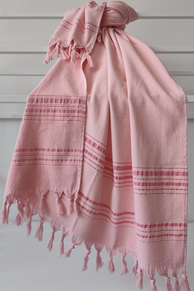 Pink Striped Cotton Towel Peshtemal - Soft and High Water Absorbent - 90X170Cm