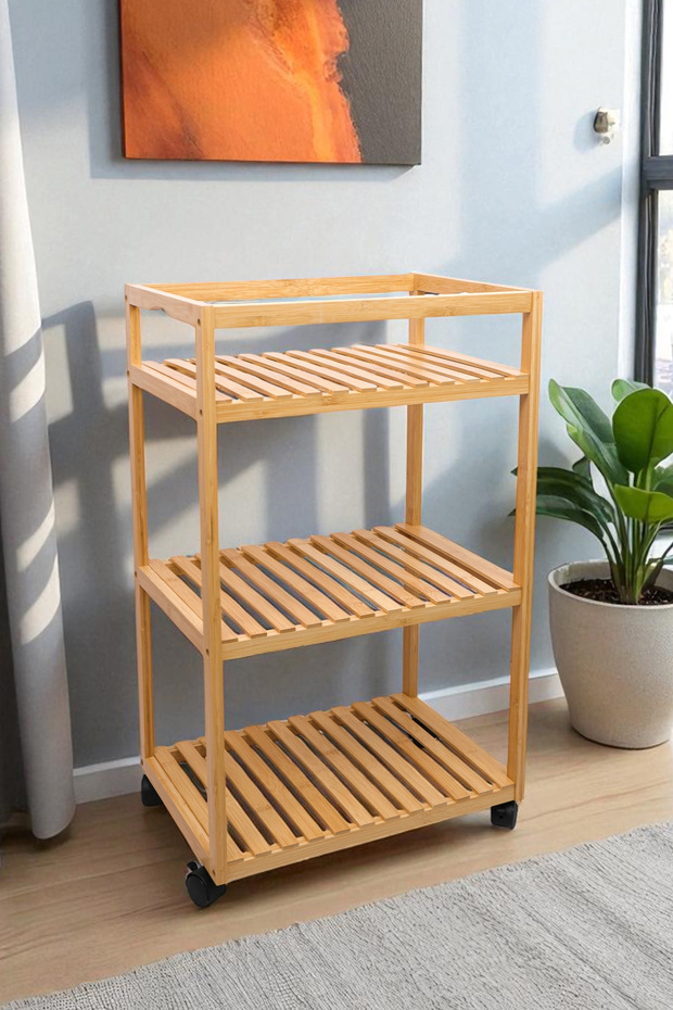Bambu 3 Raflı Tekerlekli Sunum Servis Arabası Mutfak Rafı Sehpa Banyo Rafı DB-0029 - 1