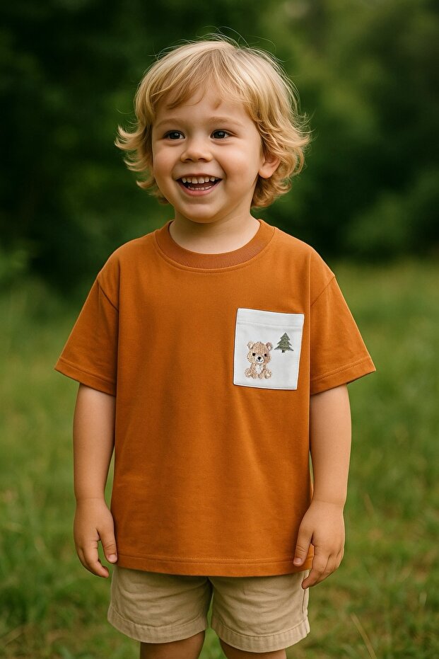 Bear Embroidered Pocket Oversize T-Shirt - Cinnamon 100% Cotton