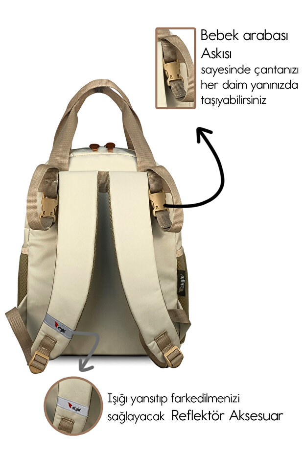 Popi Anne Bebek Bakım Ve Sırt Çantası Bej – Termal Biberon Bölmeli Geniş Hacimli Şık Tasarım - 6