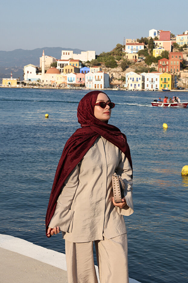 İpek Jakar Monogram Şal Bordo - 8