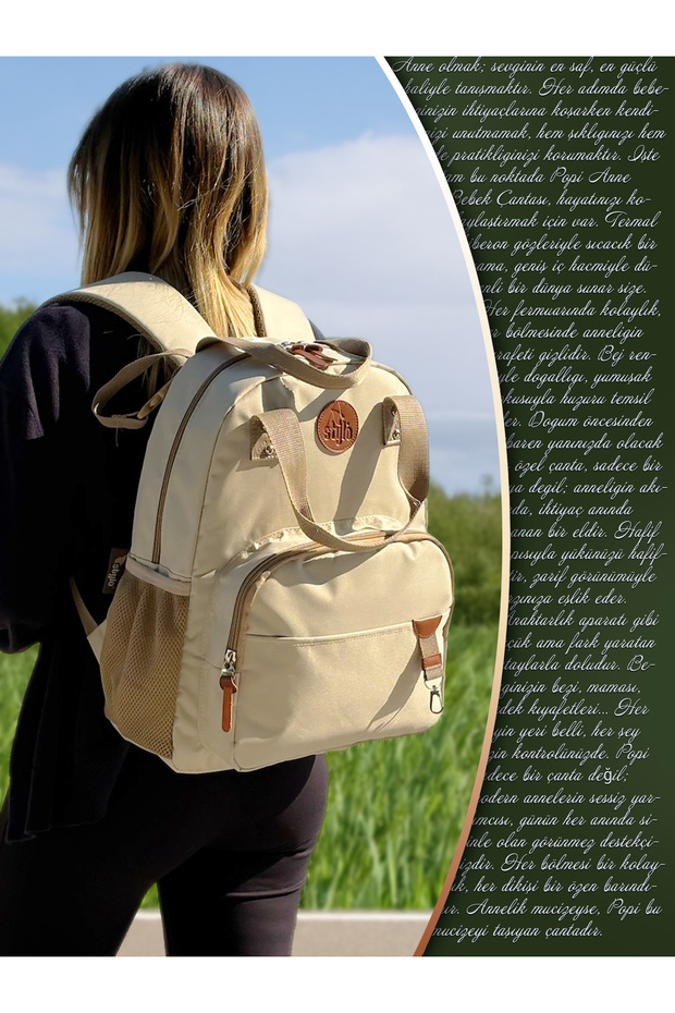 Popi Anne Bebek Bakım Ve Sırt Çantası Bej – Termal Biberon Bölmeli Geniş Hacimli Şık Tasarım - 3