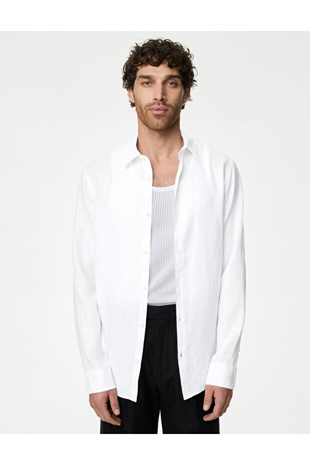 Regular Fit Uzun Kollu Saf Keten Gömlek - 4