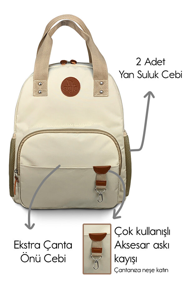 Popi Anne Bebek Bakım Ve Sırt Çantası Bej – Termal Biberon Bölmeli Geniş Hacimli Şık Tasarım - 5