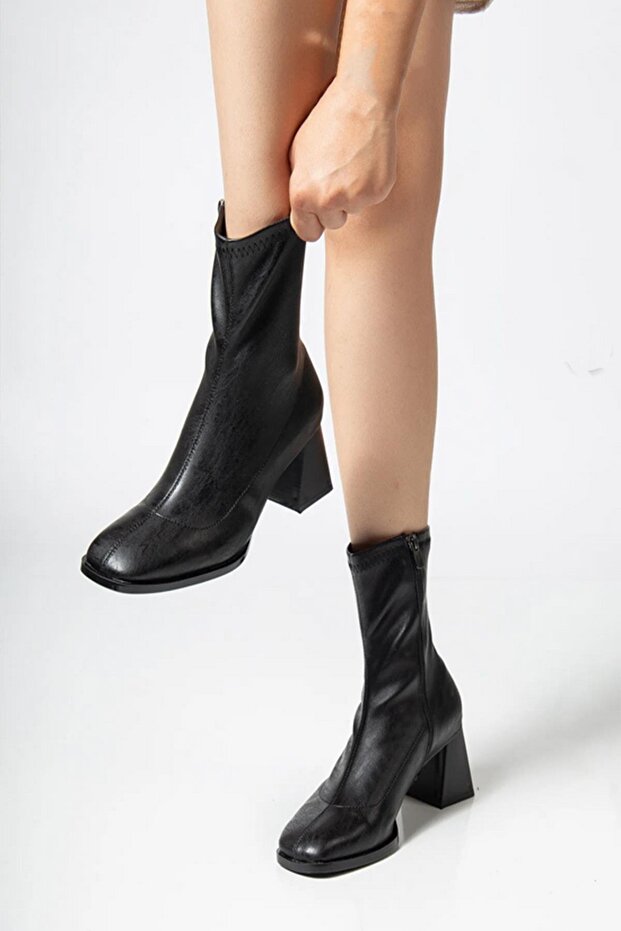 Women's Marina Black Boots 7 cm Thick Heeled Stretch Boots